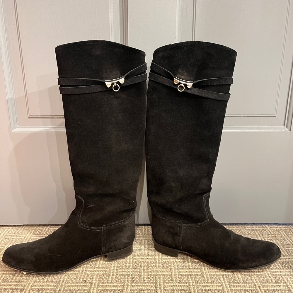 Hermes Black Suede Boots with Silver Detail